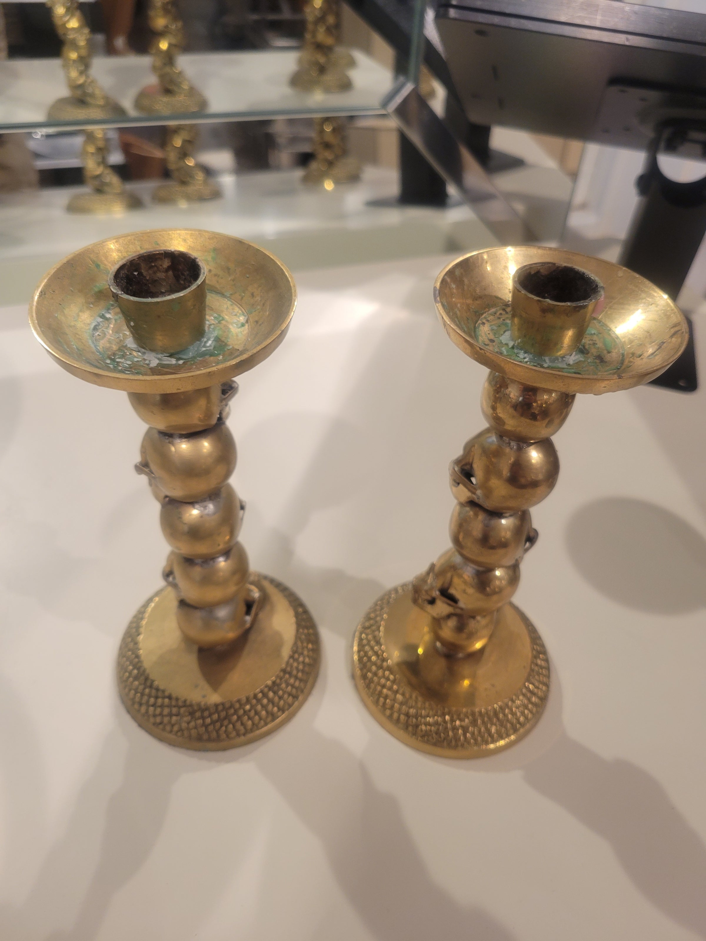 PAIR of Brass Stacked Skulls Candlesticks by DL & Co