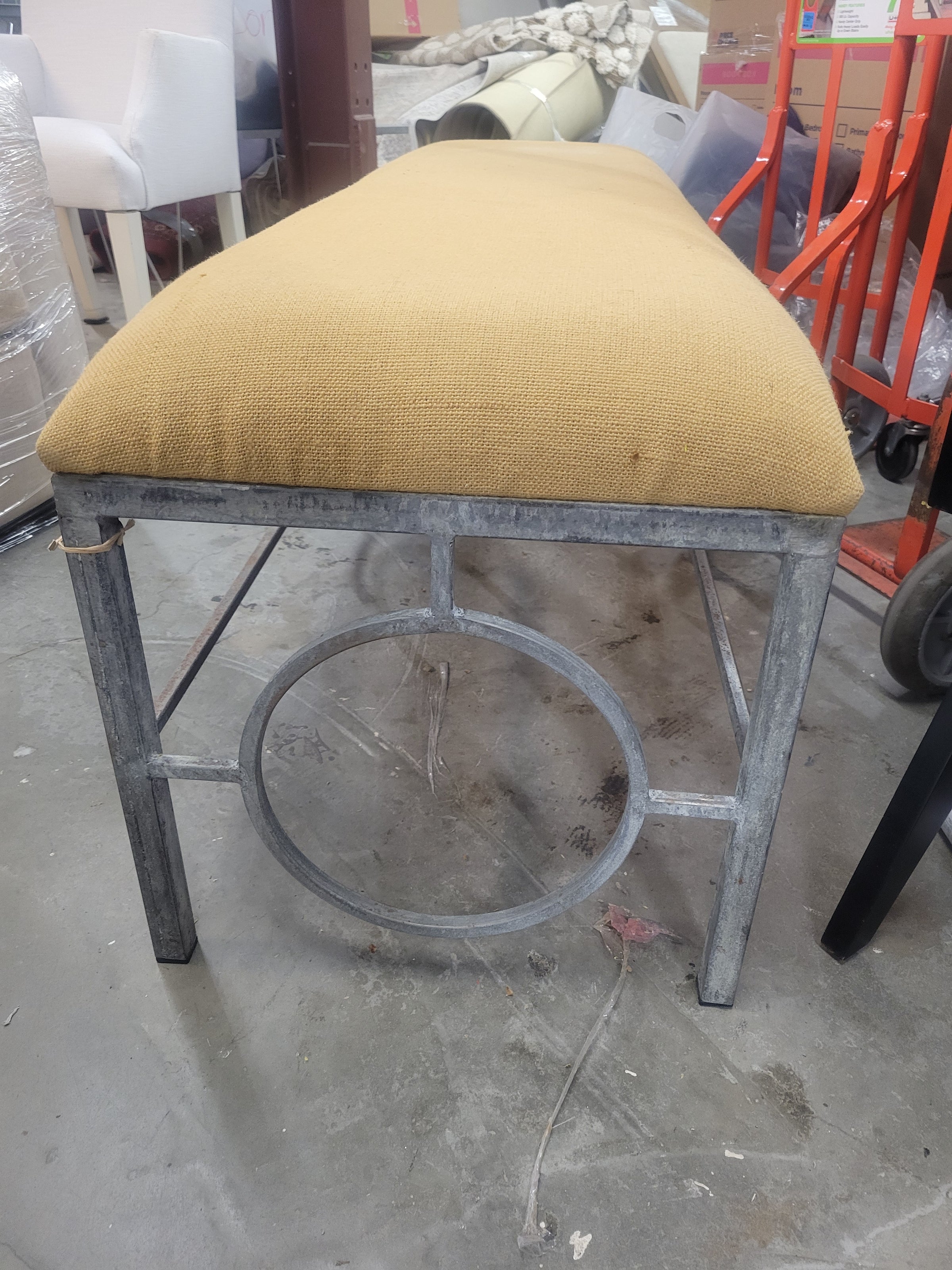 Custom Hessian Upholstered Metal Bench (AS IS)