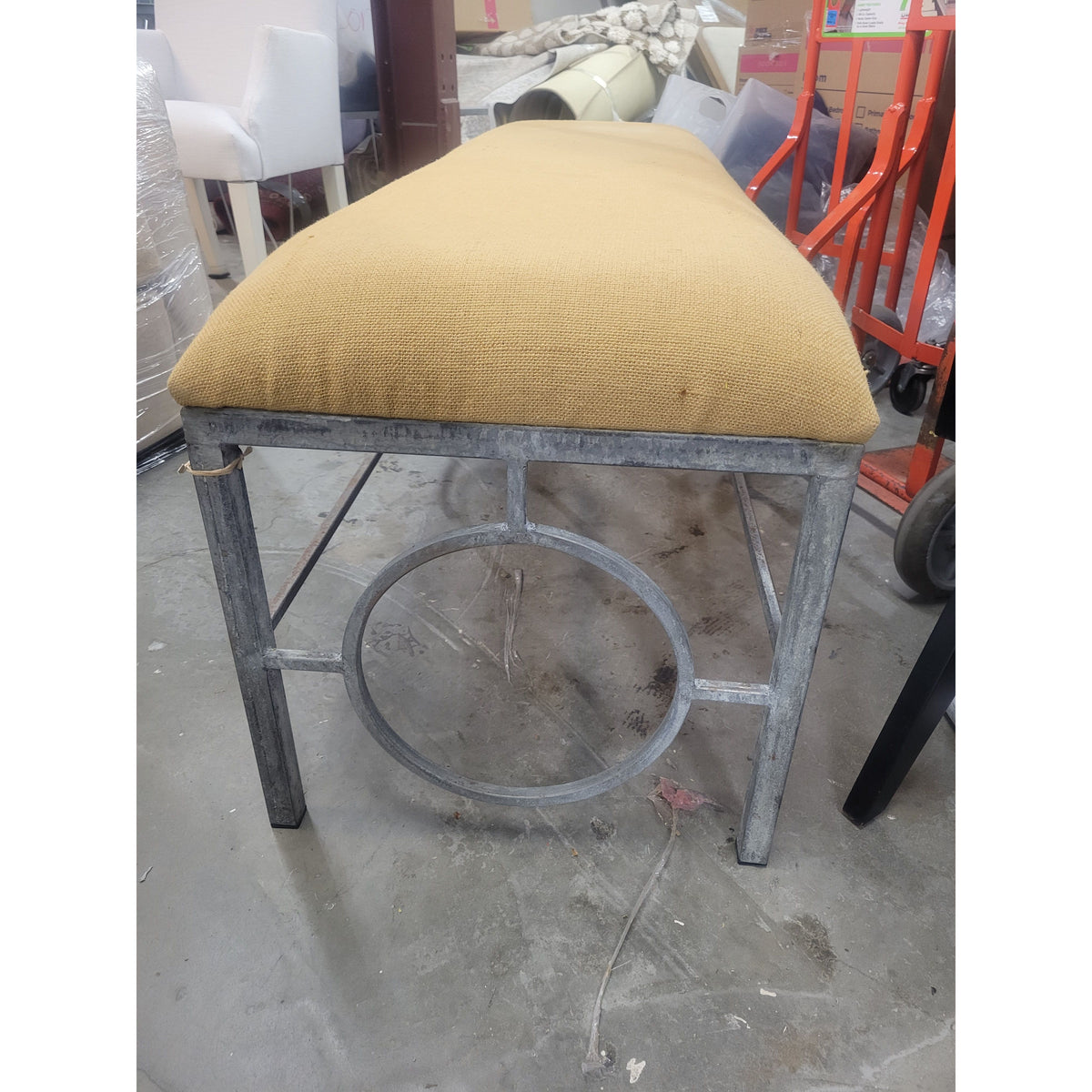 Custom Hessian Upholstered Metal Bench (AS IS) - colletteconsignment.com