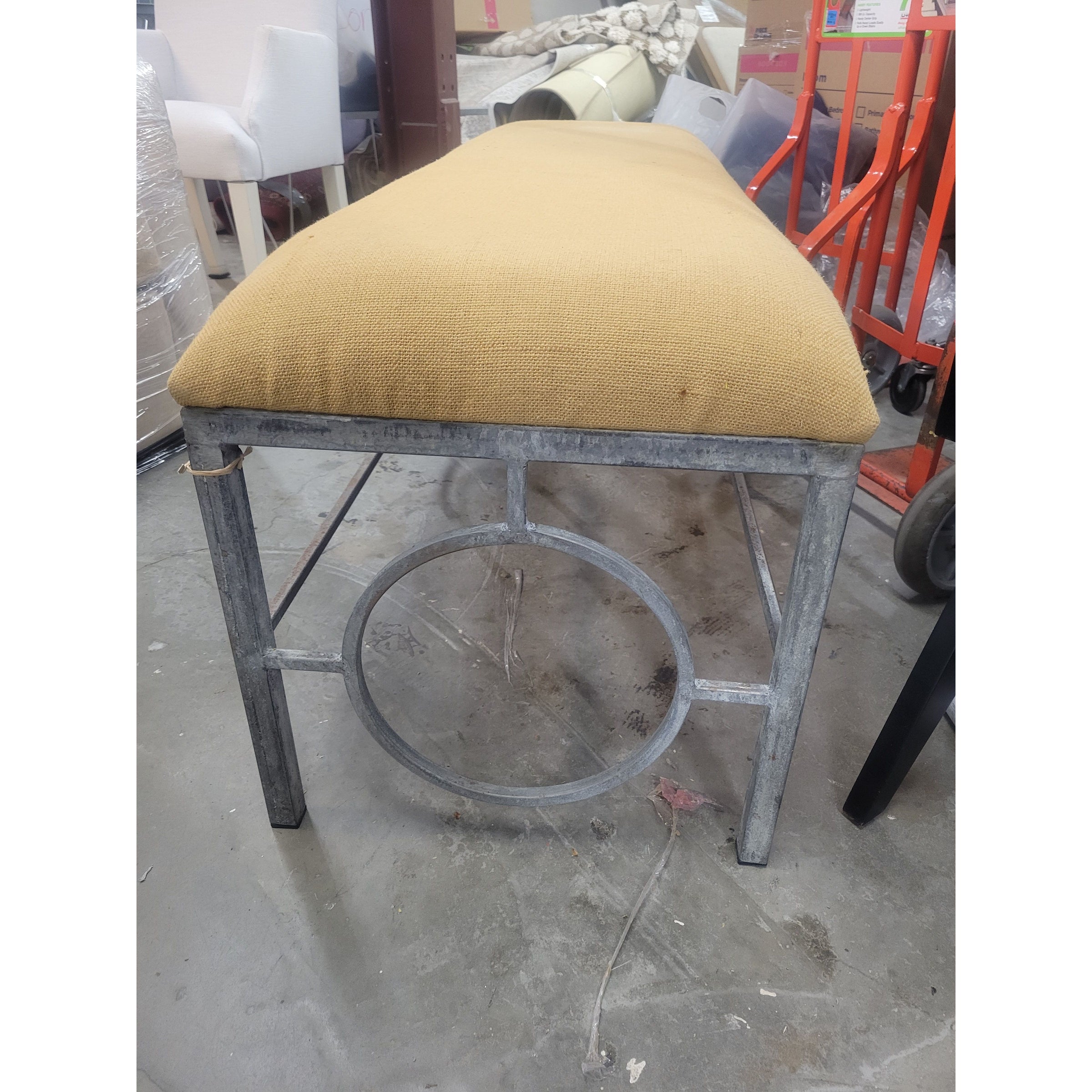 Custom Hessian Upholstered Metal Bench (AS IS) - colletteconsignment.com