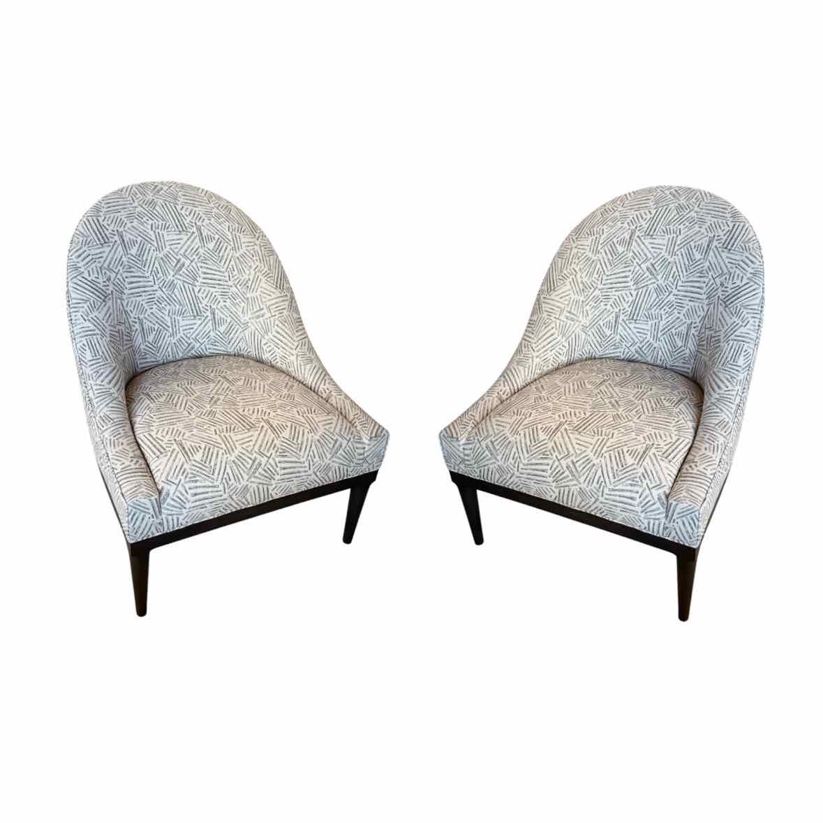 PAIR of Mid-Century Gray & White Pattern Bella Chairs w/ Dark Wood Legs