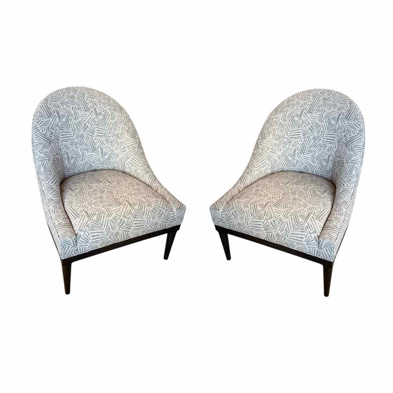 PAIR of Mid-Century Gray & White Pattern Bella Chairs w/ Dark Wood Legs