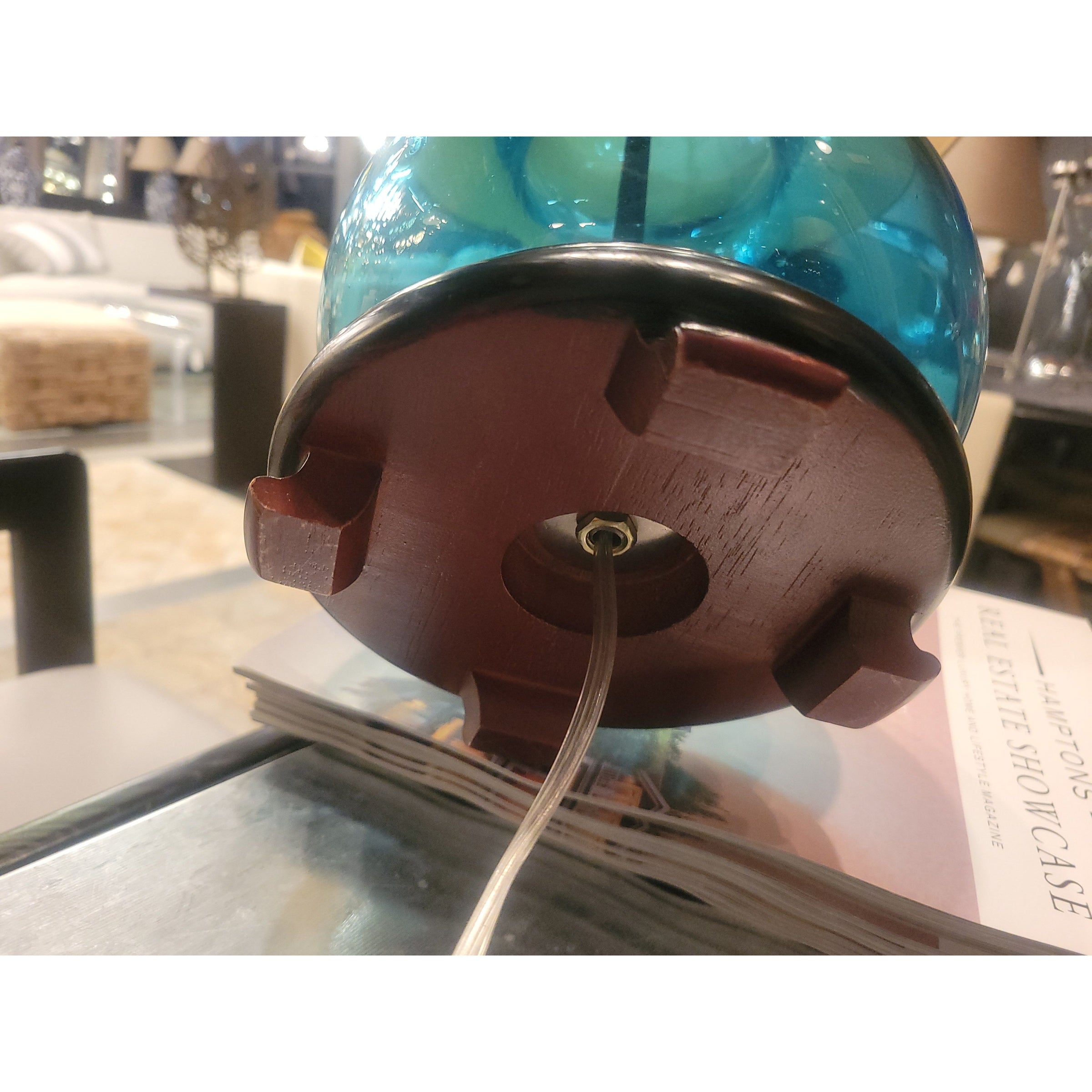 PAIR of Blue Glass Table Lamps on Wood Bases w/ Beige Shades