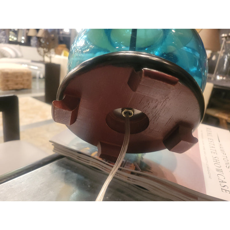 PAIR of Blue Glass Table Lamps on Wood Bases w/ Beige Shades