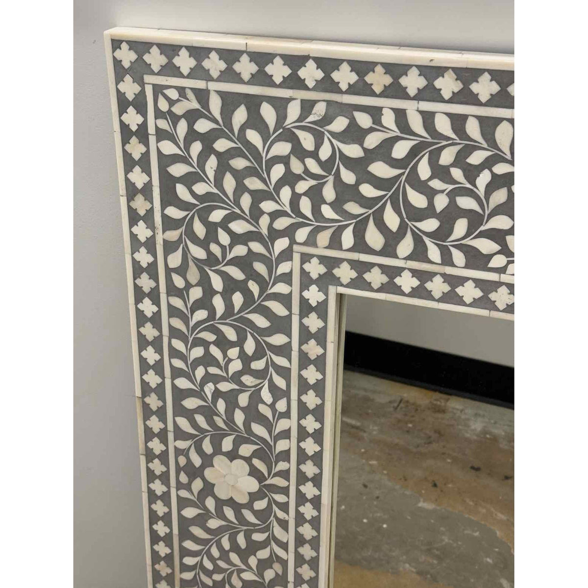 Indian Bone Inlay Gray Floral Wall Mirror