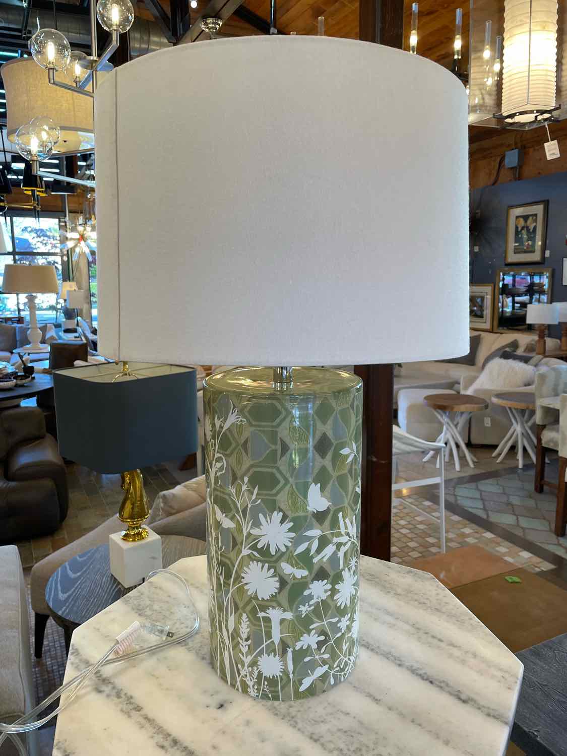 PAIR of Garden Theme Green Metallic Glass Table Lamps w/ Shades