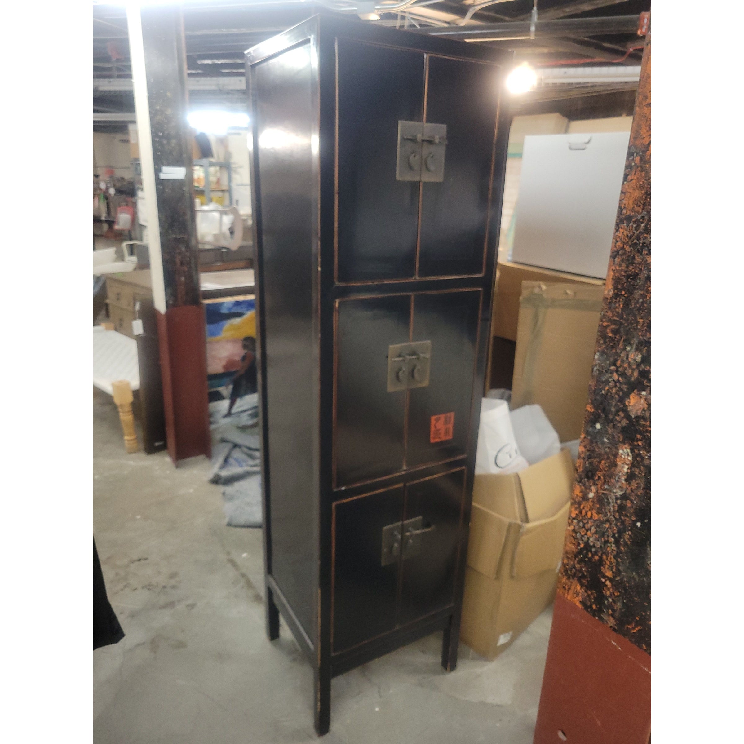 Vintage Asian Black Lacquer Cabinet w/ Brass Hardware