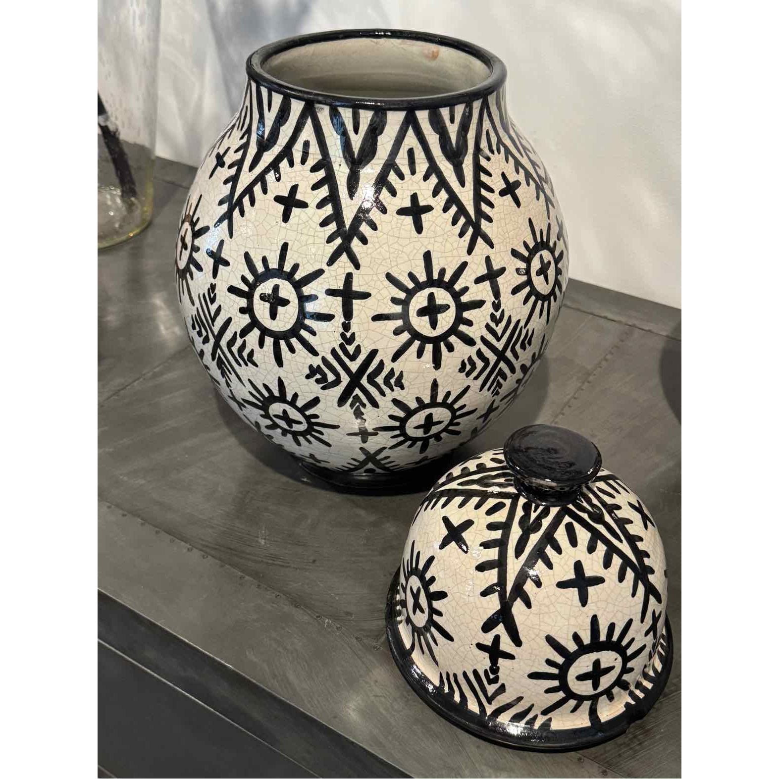 Large Moroccan Sun Pattern Glazed Ceramic Urn