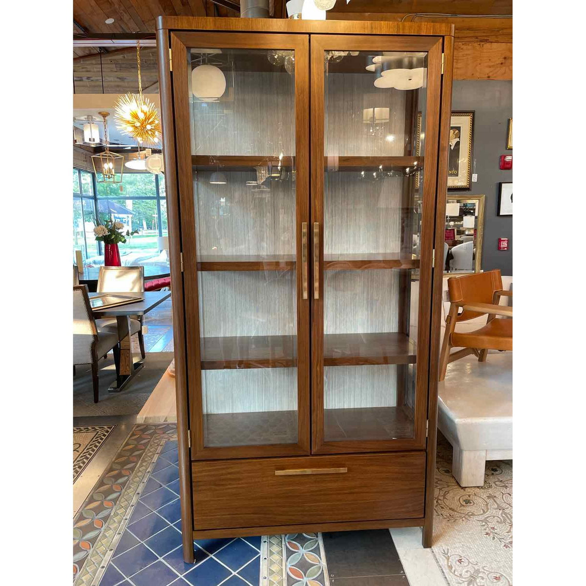 Walnut Eleana Cabinet w/ Beveled Glass Panel Doors & LED Lighting by Hooker - colletteconsignment.com