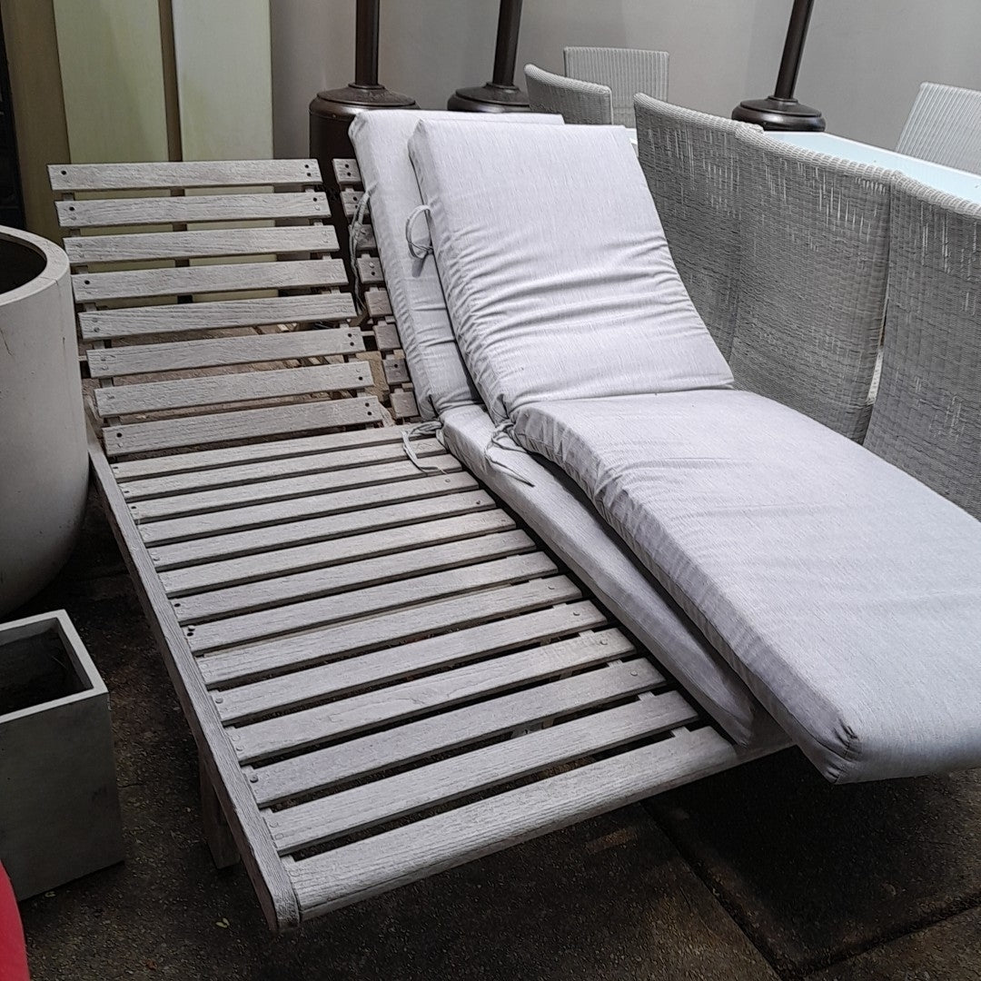 Teak Double Outdoor Lounge Chaise w/Wheels & Grey Cushions