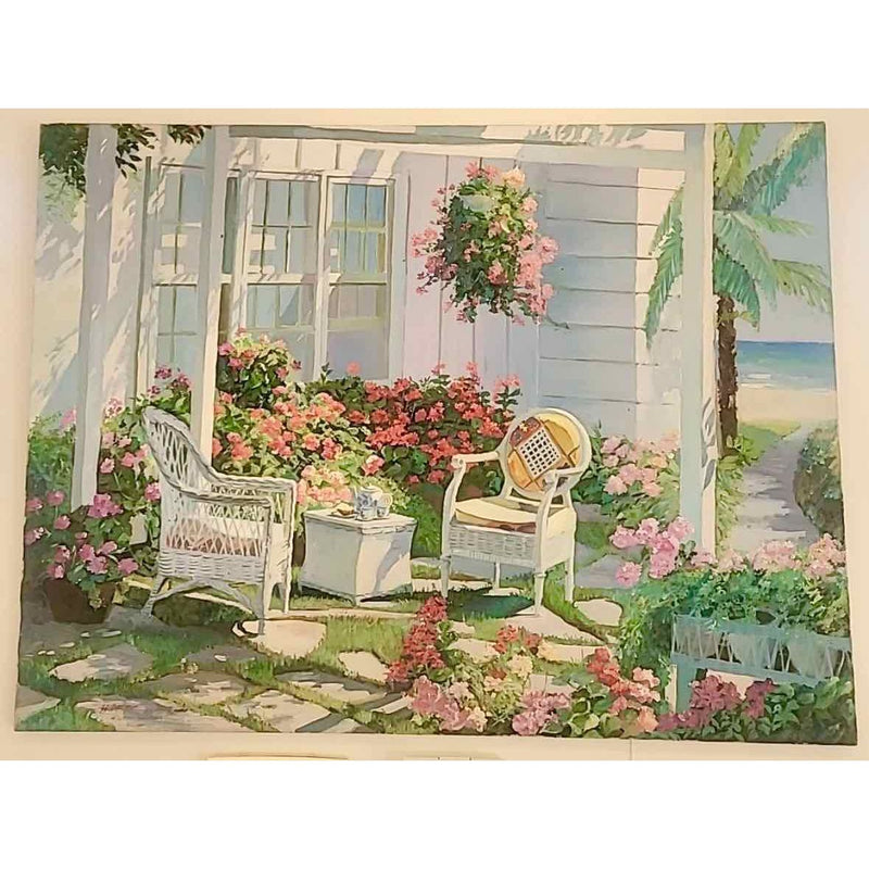 Cottage on the Beach w/White Wicker Chairs, on Canvas, 40"Lx30"H