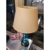 PAIR of Blue Glass Table Lamps on Wood Bases w/ Beige Shades