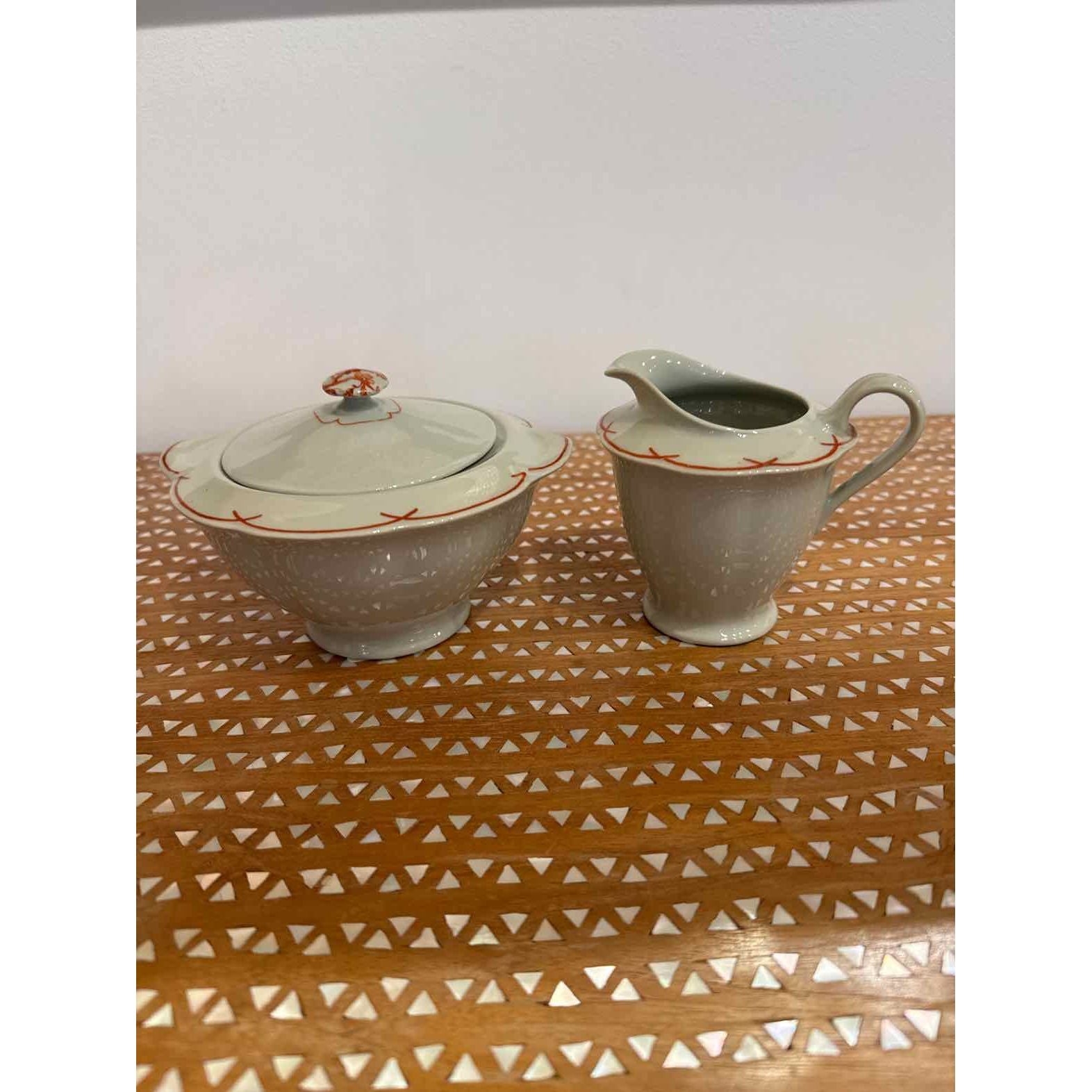 AntiqFrench Limoges Creamer & Sugar Celadon w/ Orange Design, 11"L x 5"W x 4.25H