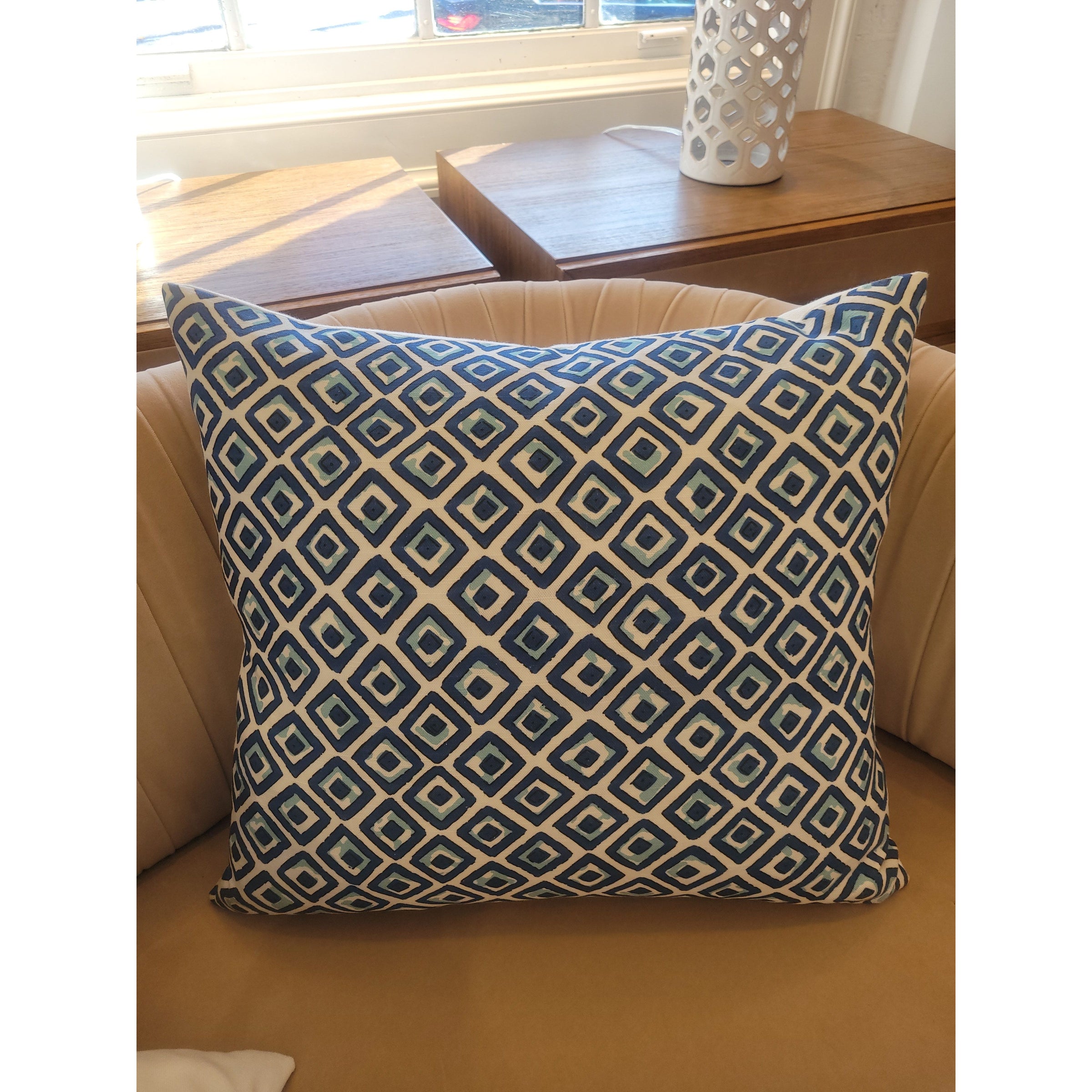 Custom Blue Diamonds on White Square Pillow