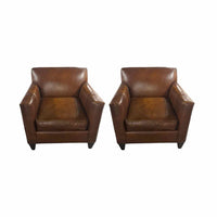 Pair of Brown Leather Armchairs w/ Dark Wood Legs by Crate & Barrel - AS IS