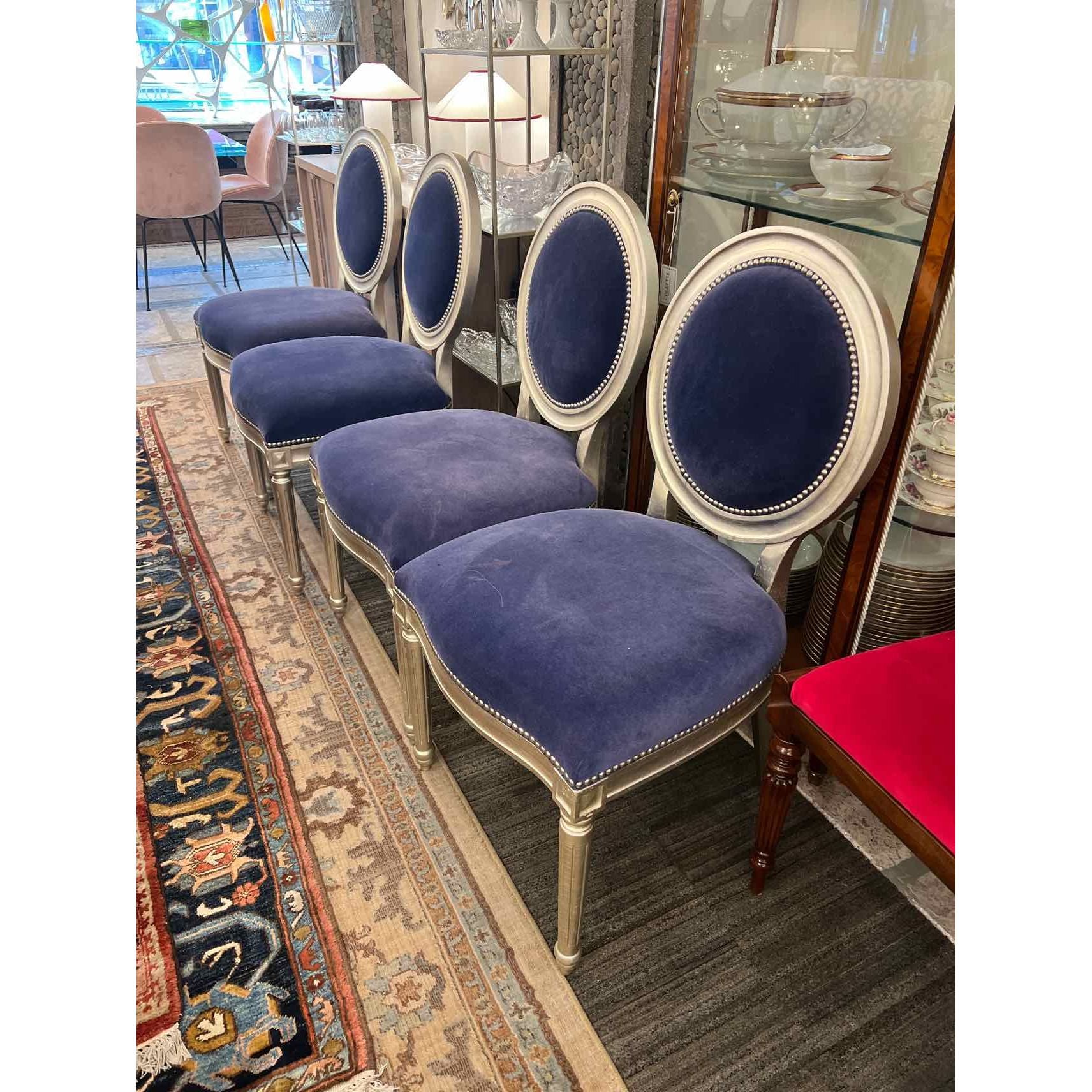 SET of 4 Blue Velvet Dining Side Chairs (AS IS) - colletteconsignment.com