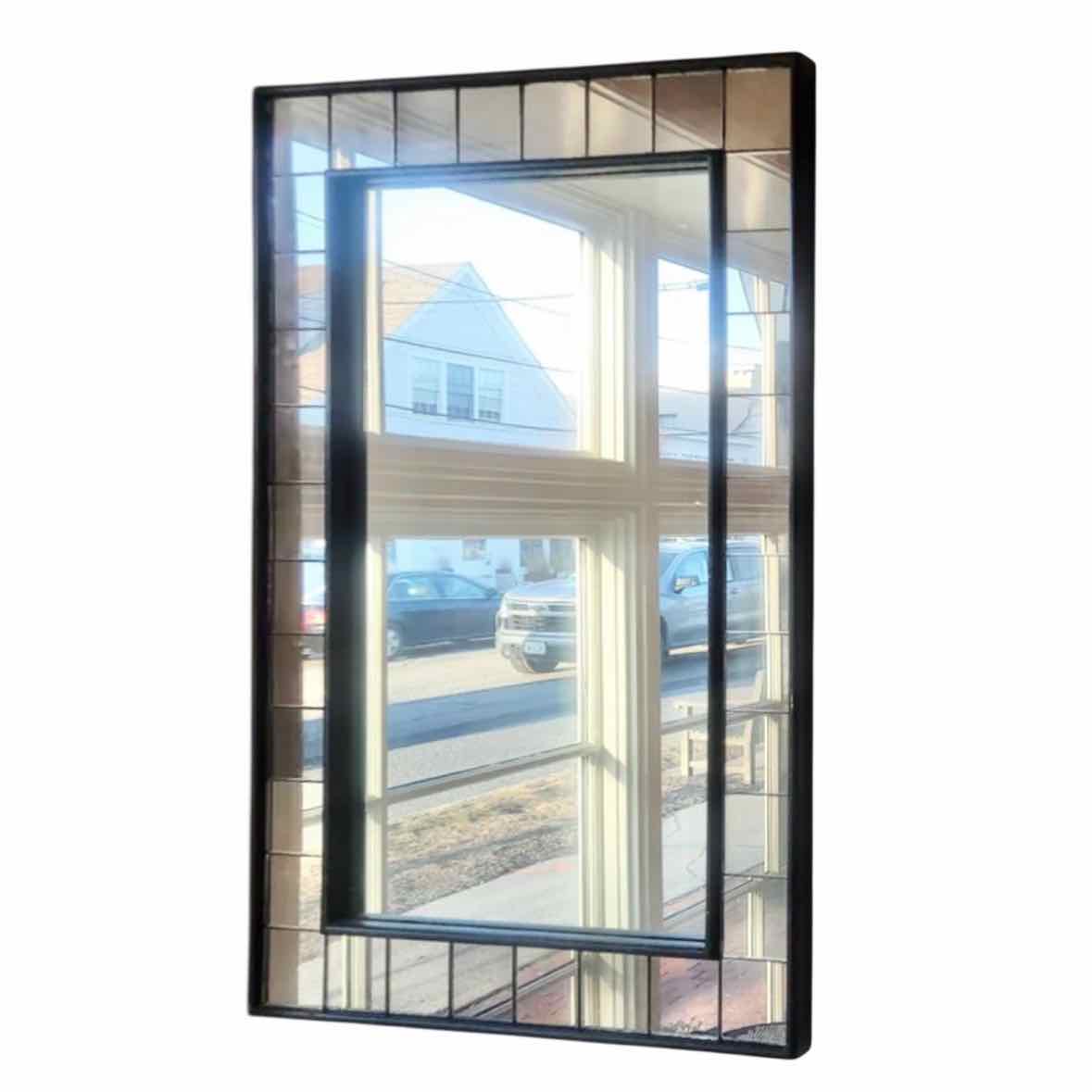 Dark Wood Wall Mirror w/ Glass Panel Border