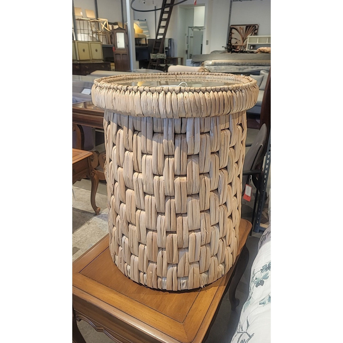 Round Woven Seagrass Side Table w/ Glass Top Attrib. to S&L (AS IS) - colletteconsignment.com
