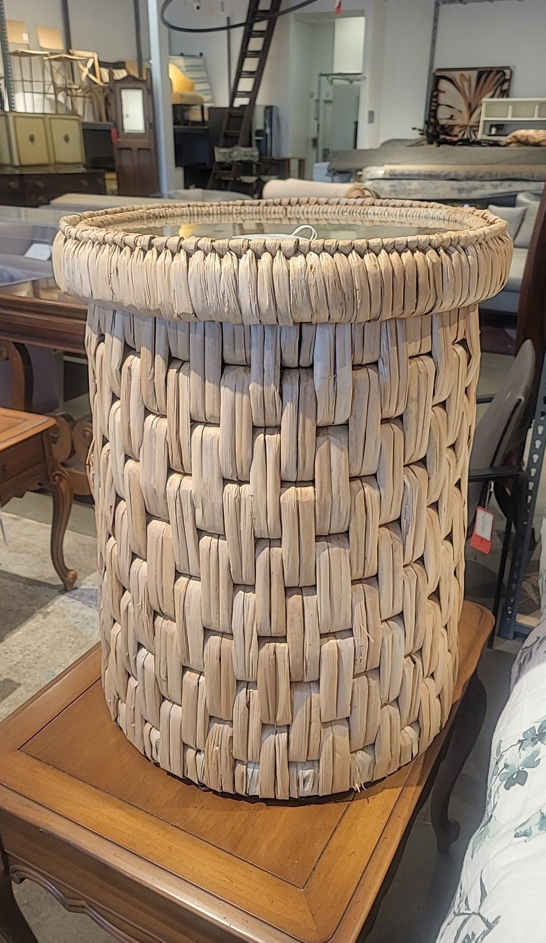 Round Woven Seagrass Side Table w/ Glass Top Attrib. to S&L (AS IS)