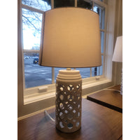 PAIR of White Ceramic Hexagonal Cutout Table Lamps w/ White Shades