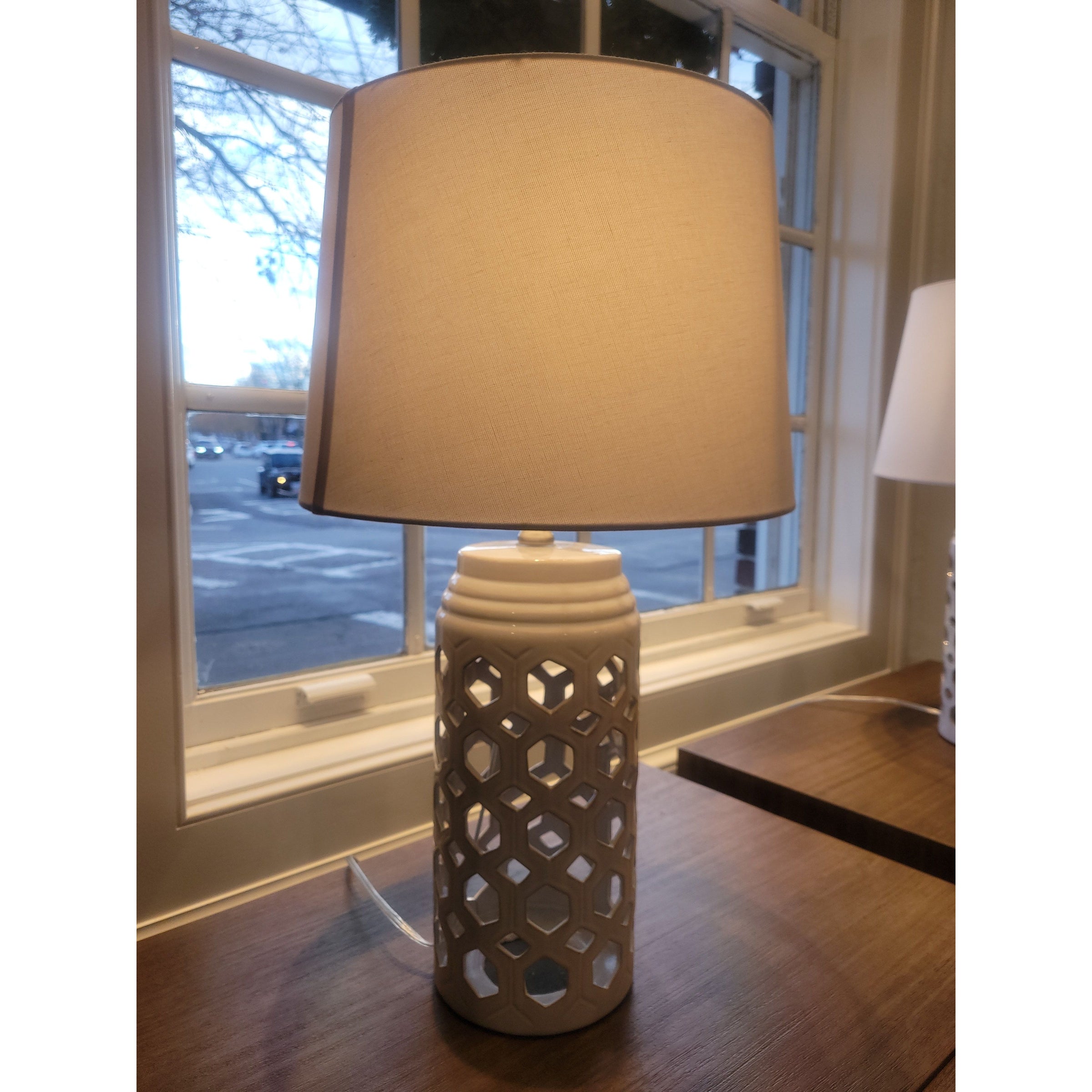 PAIR of White Ceramic Hexagonal Cutout Table Lamps w/ White Shades