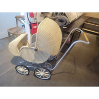 Vintage White Wicker Pram Carriage w/ Blue Fabric Interior (AS IS)