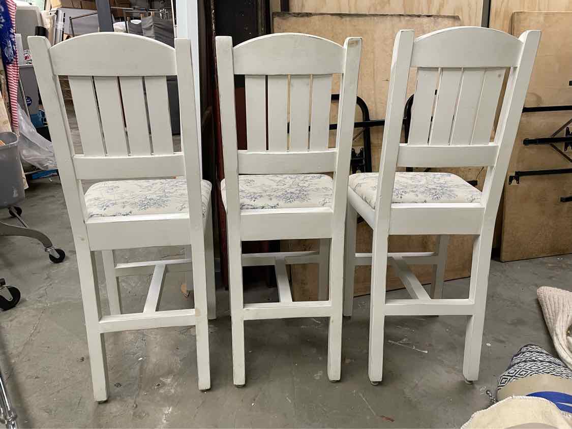 SET of 3 Vintage White Counter Stools w/ Toile Seat Cushions (AS IS)