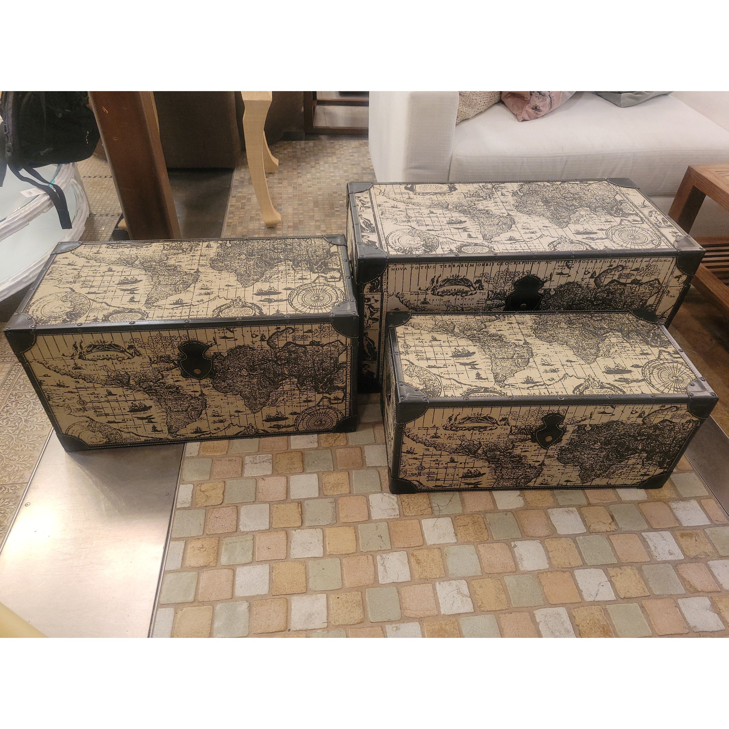 SET of 3 Decorative World Map Themed Nesting Storage Trunks