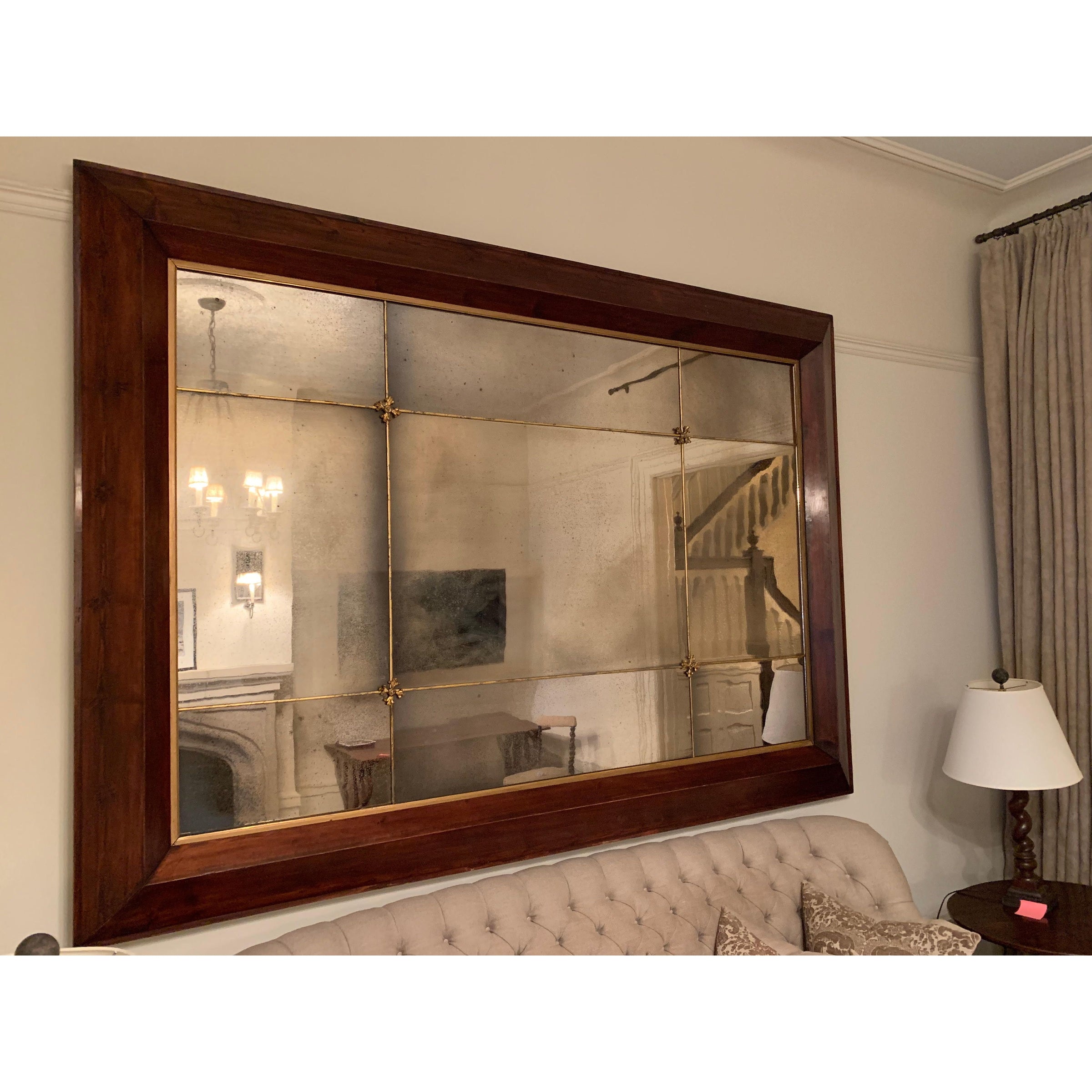 6x8-ft Spanish Wood Framed Antique Glass Mirror w/ Brass Accents