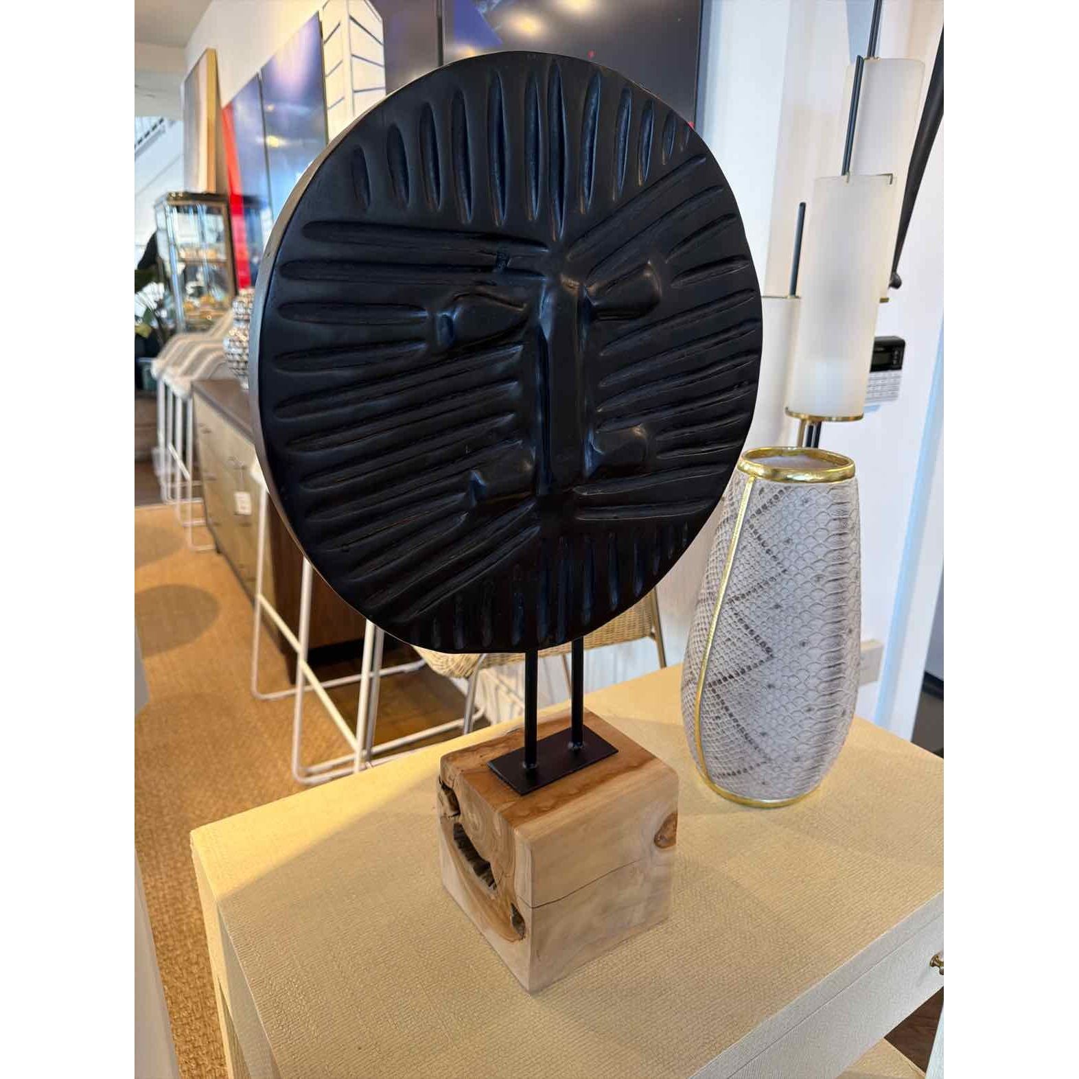 African Shield Hand-Carved Sculpture Made From Ebony Teak on Stand 15.5"L x 6"W - colletteconsignment.com