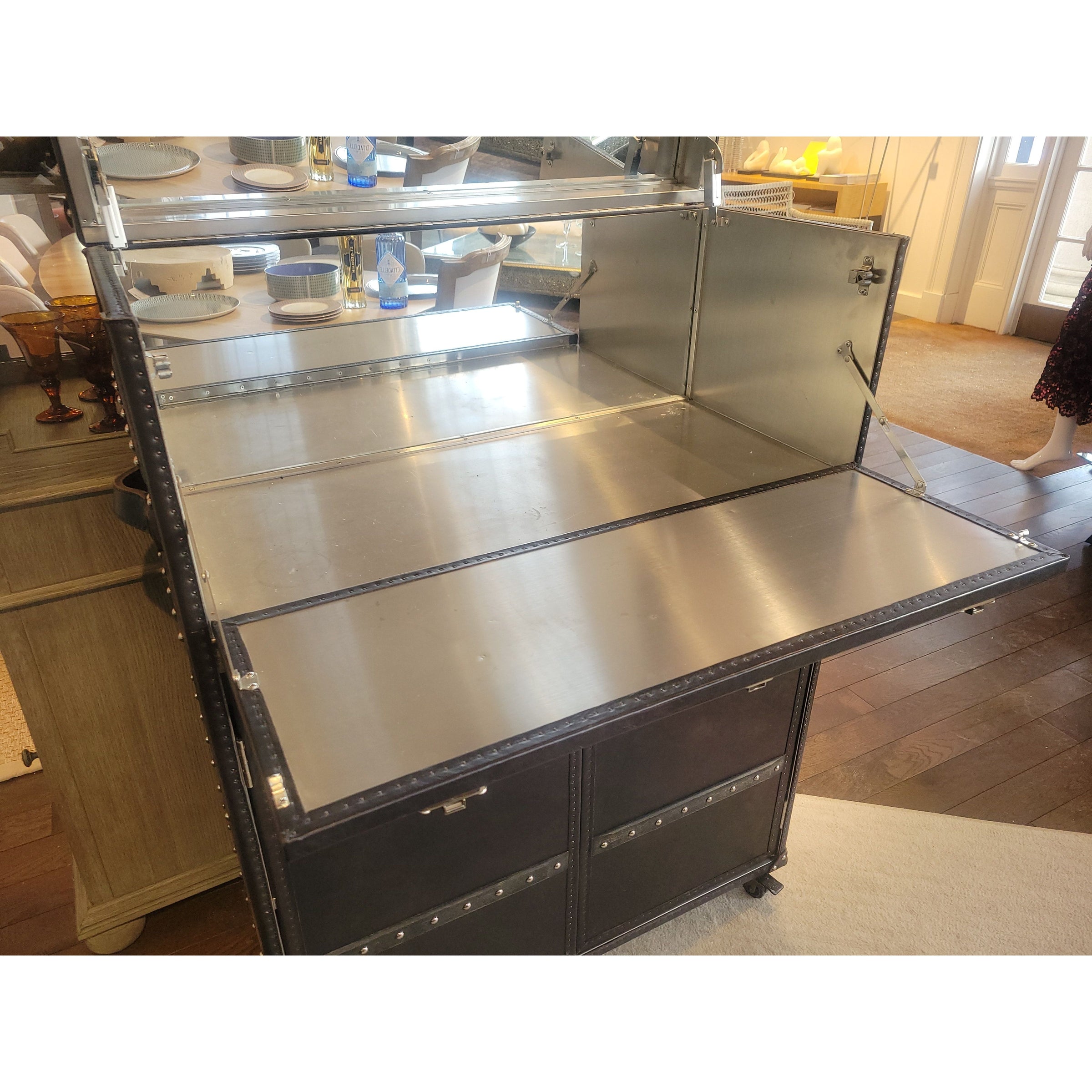 Vintage Black Leather & Steel 'Mayfair' Steamer Trunk Rolling Bar by RH - colletteconsignment.com