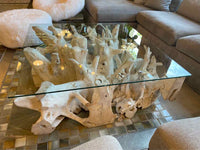 Bleached Teak Live Edge Coffee Table w/ Square Glass Top