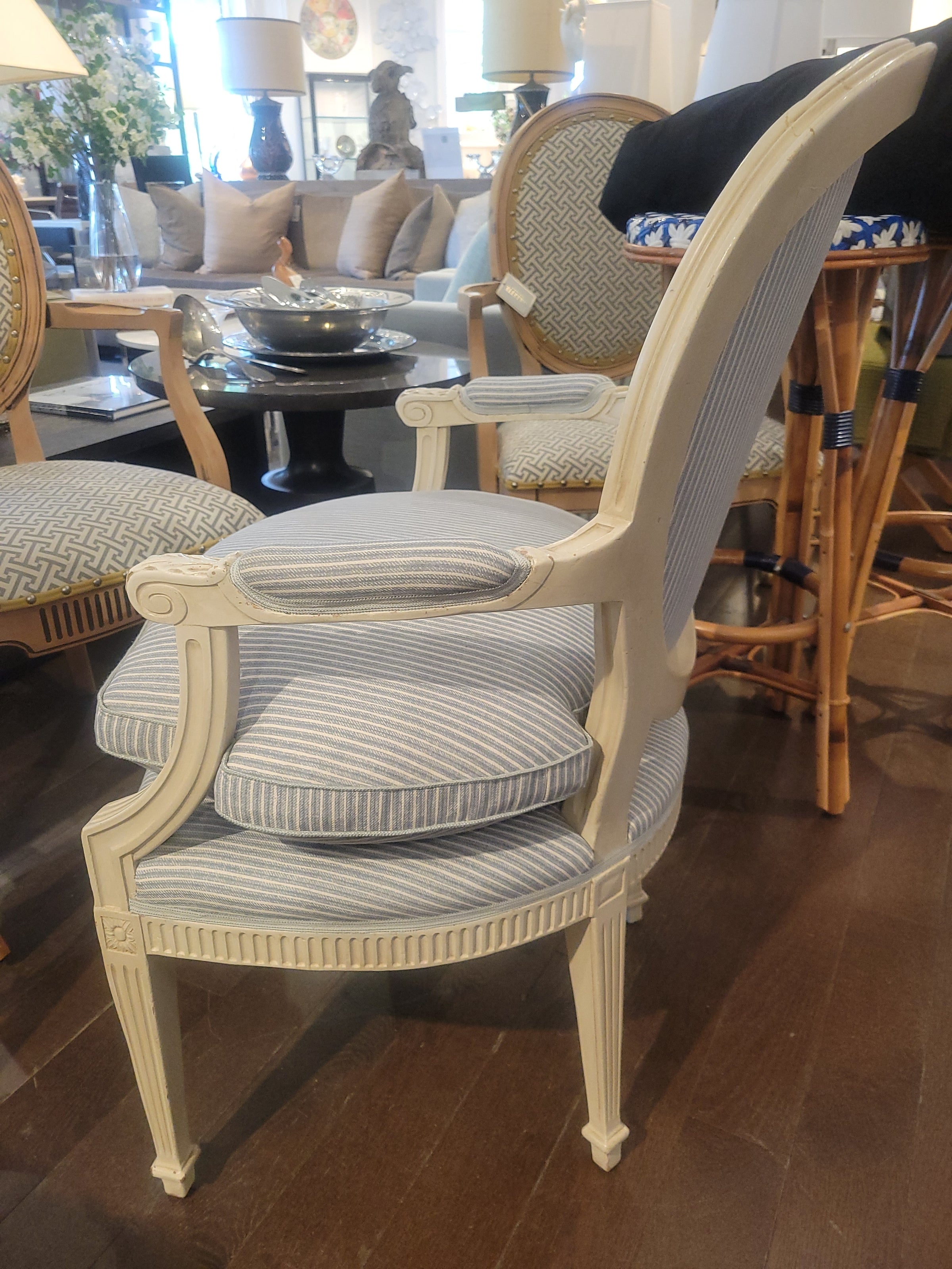 Louis XVI Style Arm Chair w/ Fermoie Fabric Attrib. to Amy Berry Home (AS IS)