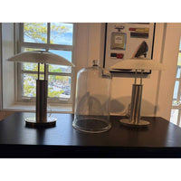 PAIR of Nickel Table Lamps w/ Canoe Shaped Frosted Glass Shades - colletteconsignment.com