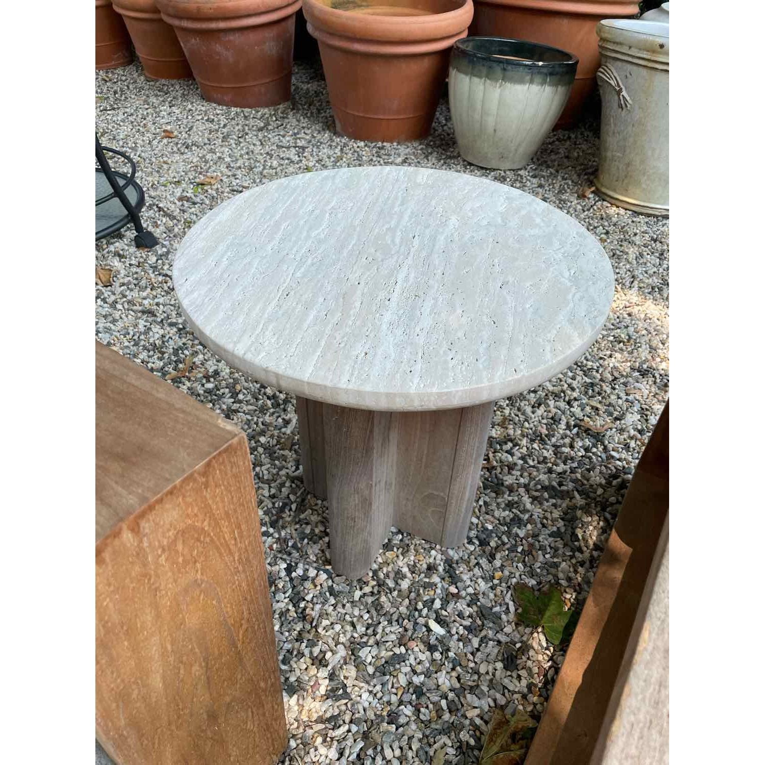 Victoria Teak Side Table w/ Round Travertine Top by Harbour (AS IS)