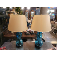 PAIR of Blue Glass Table Lamps on Wood Bases w/ Beige Shades