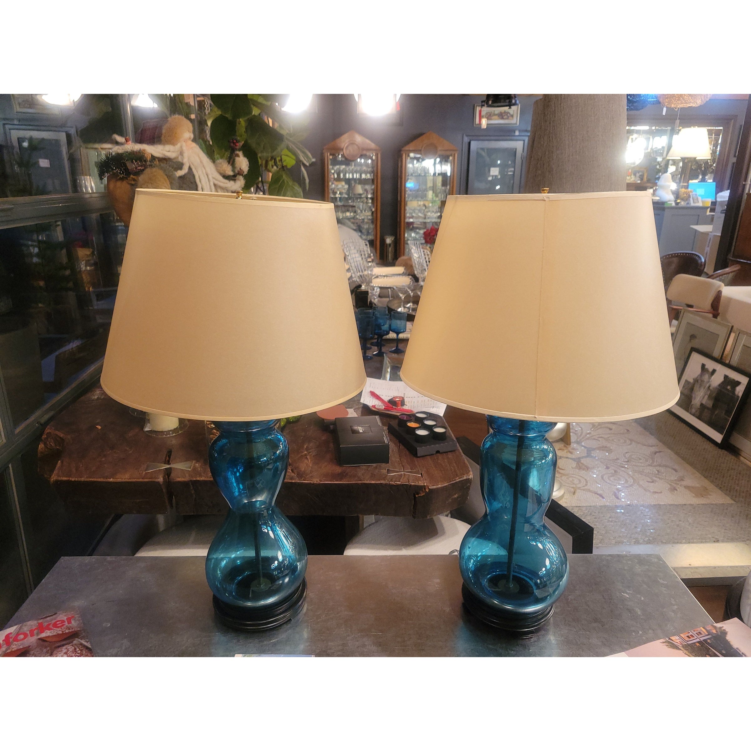 PAIR of Blue Glass Table Lamps on Wood Bases w/ Beige Shades
