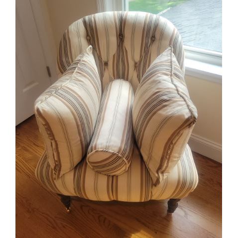 Vintage Beige & Brown Striped Upholstered Armchair w/ 2 Pillows