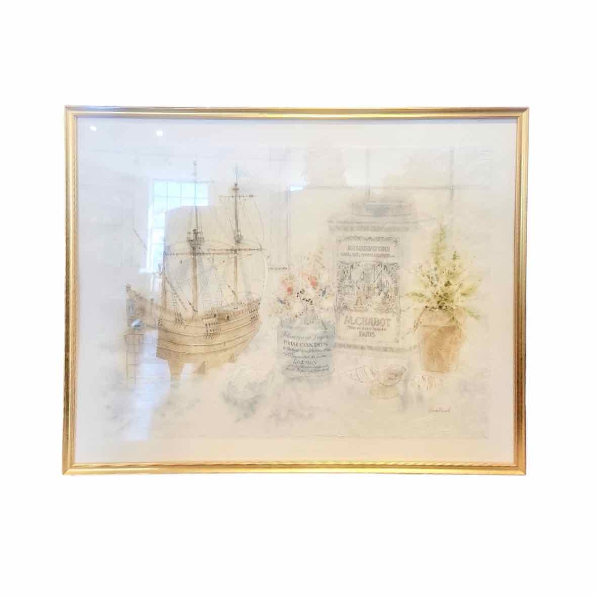 1920s Still-Life Watercolor on Fabric by Davis Carrol in Gold Frame