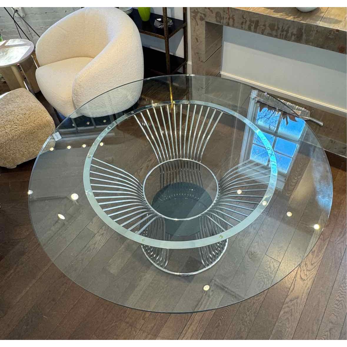 Round Glass & Chrome Platner-Style Dining Table