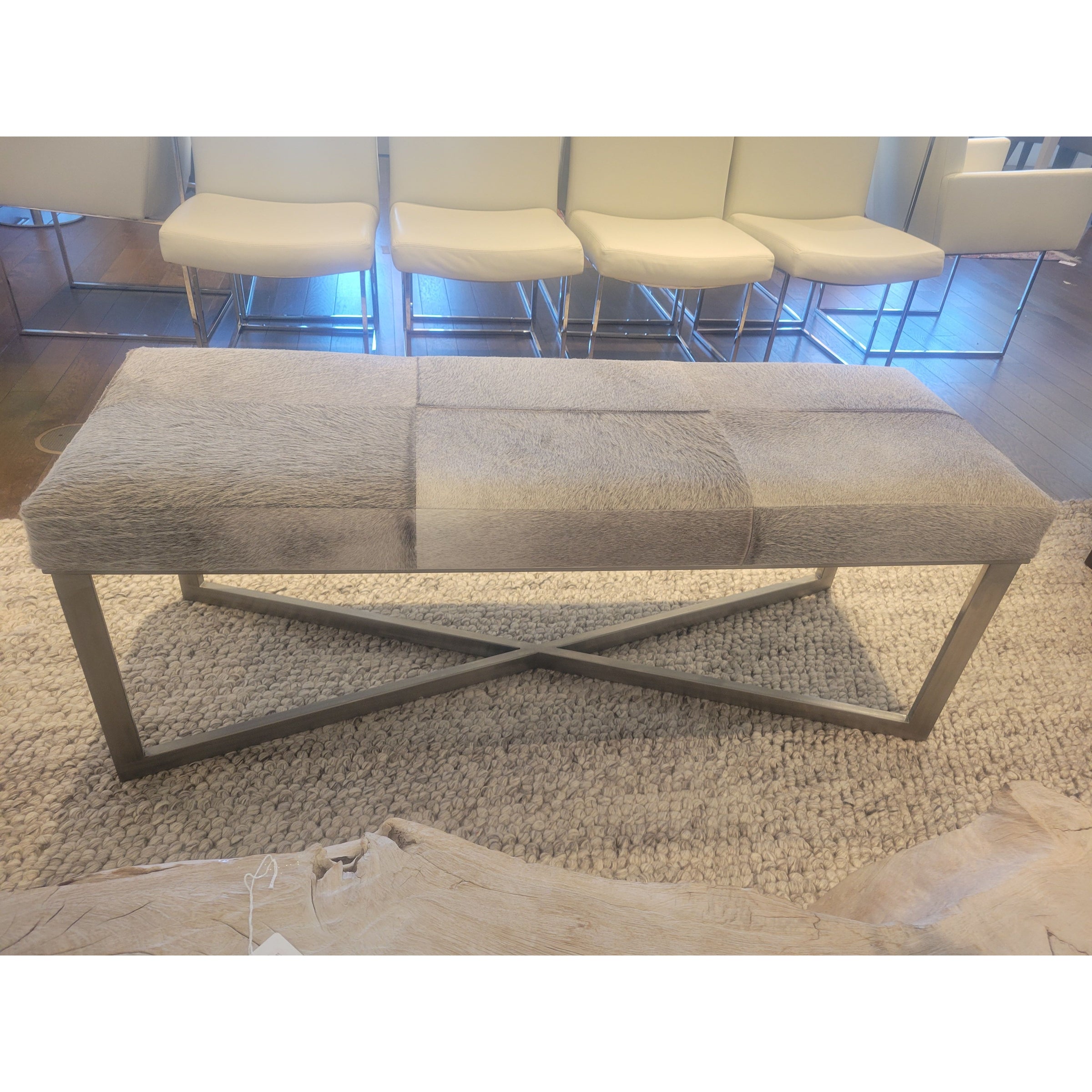 Gray Cowhide Bench w/ Brushed Metal Base Attrib. to Made Goods