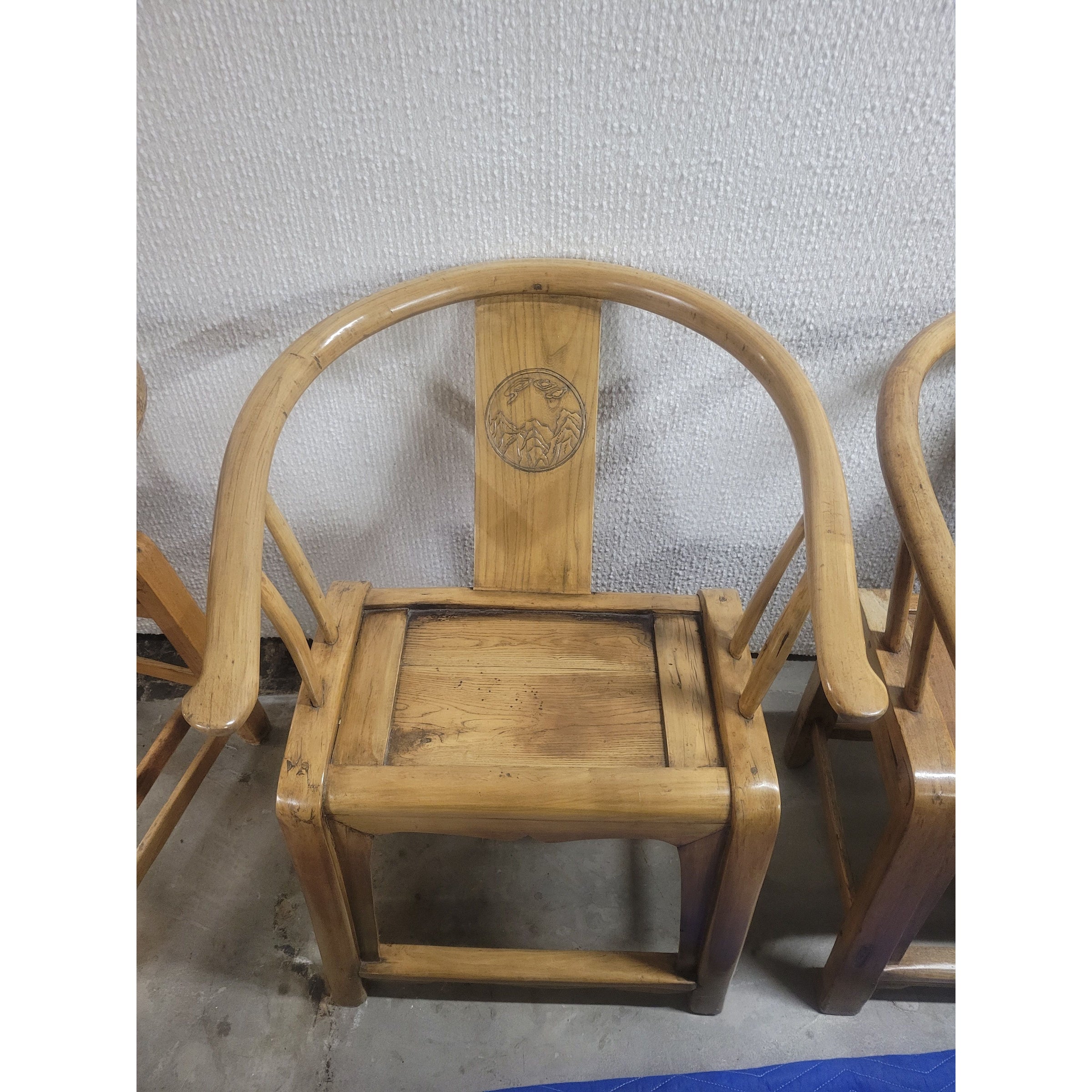 PAIR of Vintage Ming Style Wood Horseshoe Back Arm Chairs w/ Nature Medallions