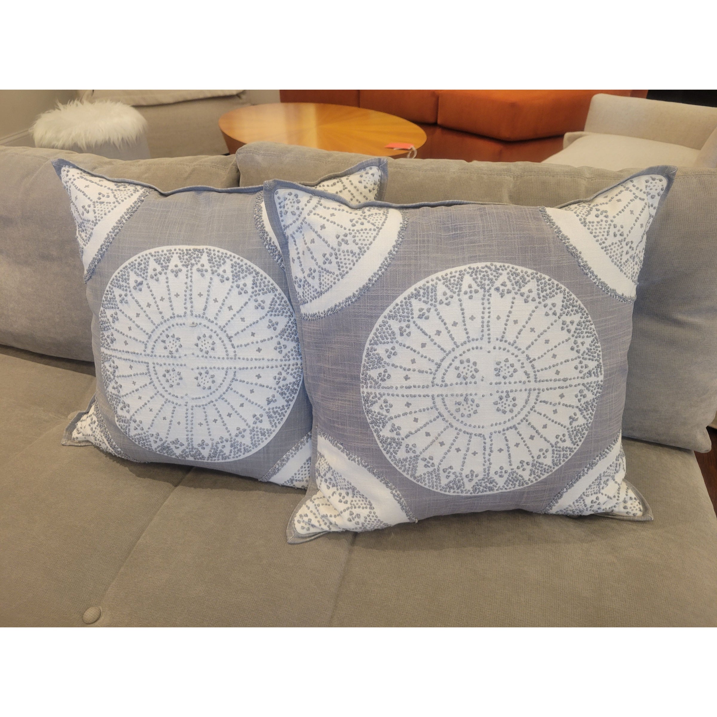 PAIR of Gray & White Embroidered Pillows by S&L - AS IS