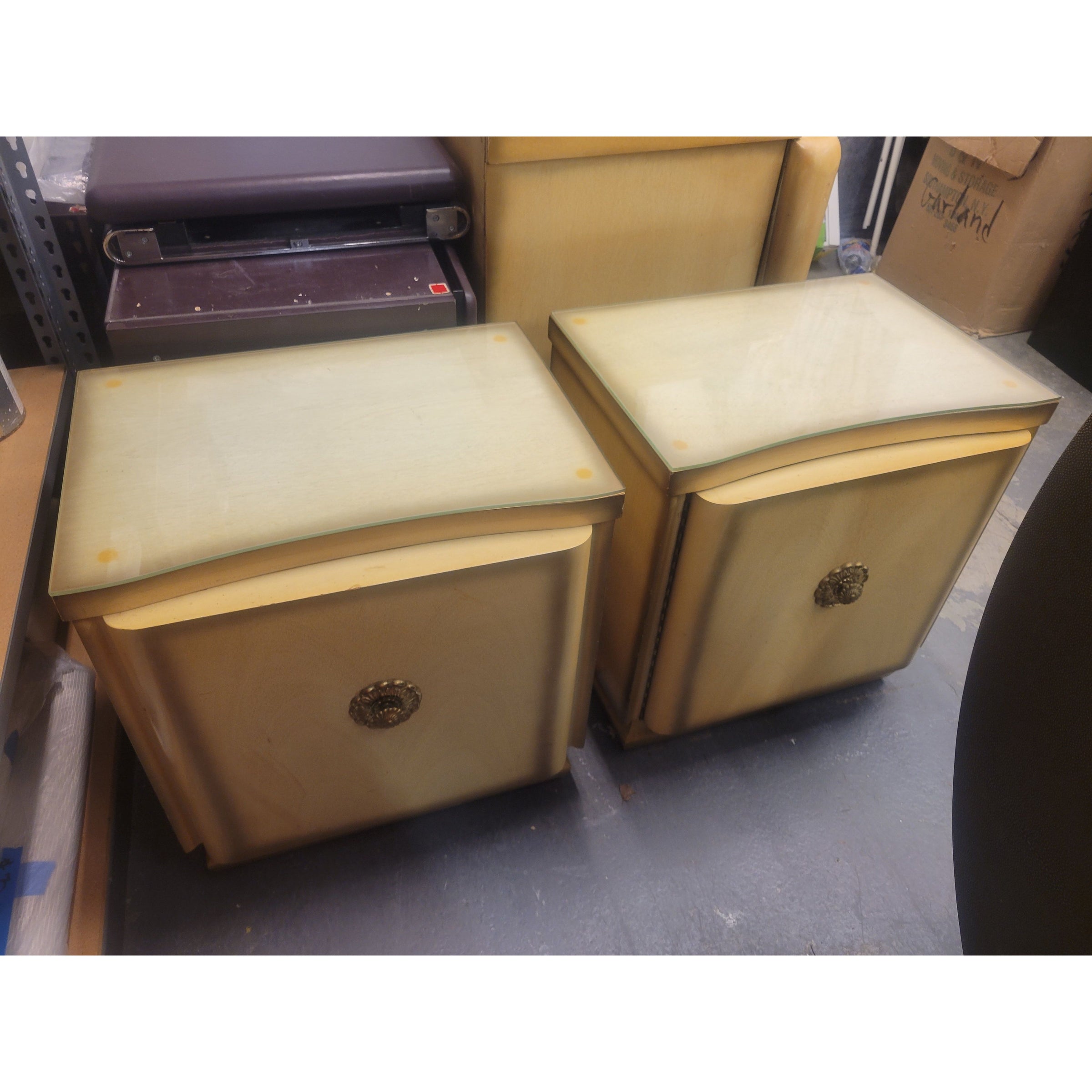 PAIR of Custom 1960s Pine Nightstands w/ Brass Pulls - colletteconsignment.com