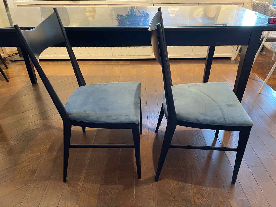 SET of 8 Black Wood Dining Chairs w/ Blue Velvet Seats by Paul McCobb