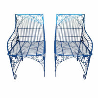 PAIR of Blue Scrolled Pattern Iron Wire Chairs - AS IS
