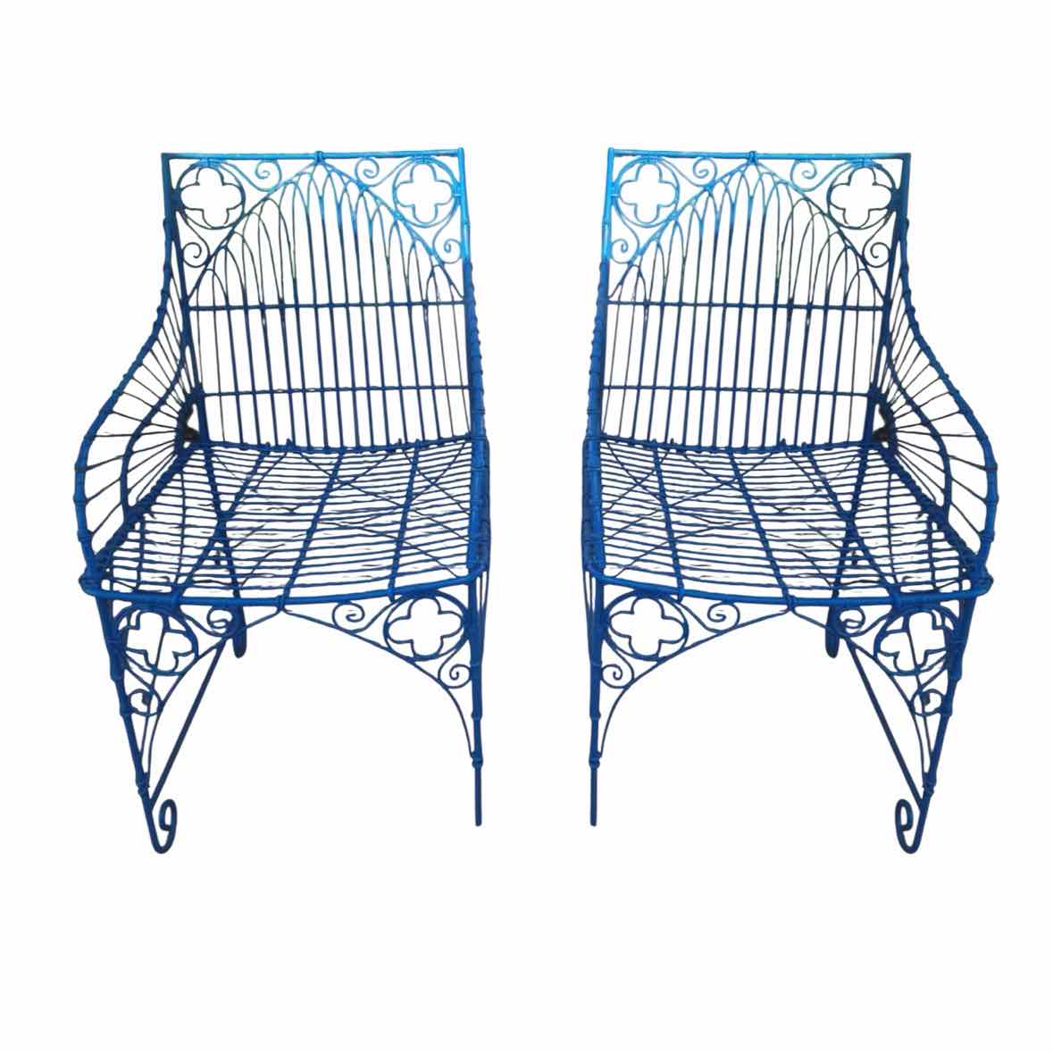 PAIR of Blue Scrolled Pattern Iron Wire Chairs - AS IS
