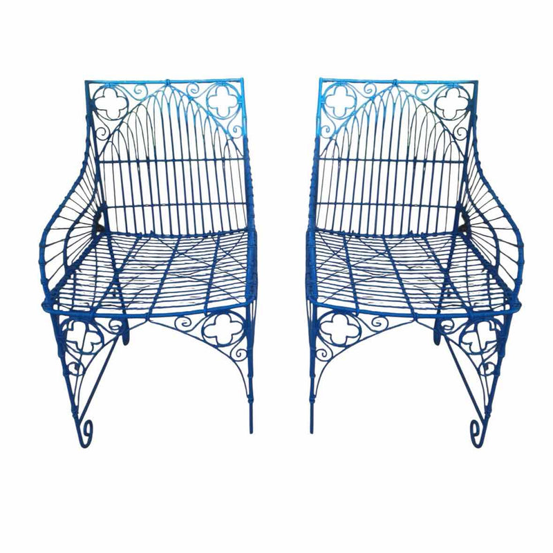 PAIR of Blue Scrolled Pattern Iron Wire Chairs - AS IS