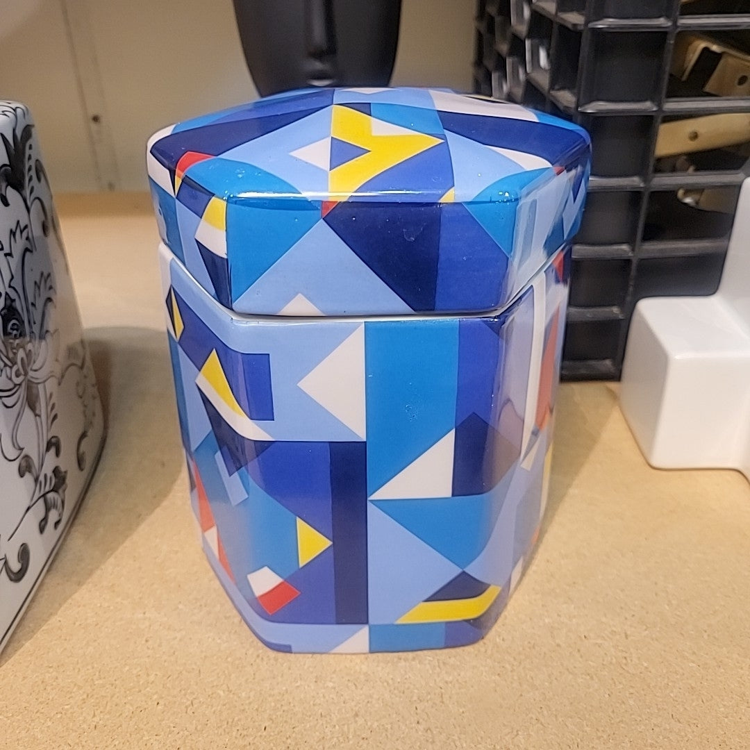 Glazed Multicolor Geometric Print Ceramic Jar w/ Lid