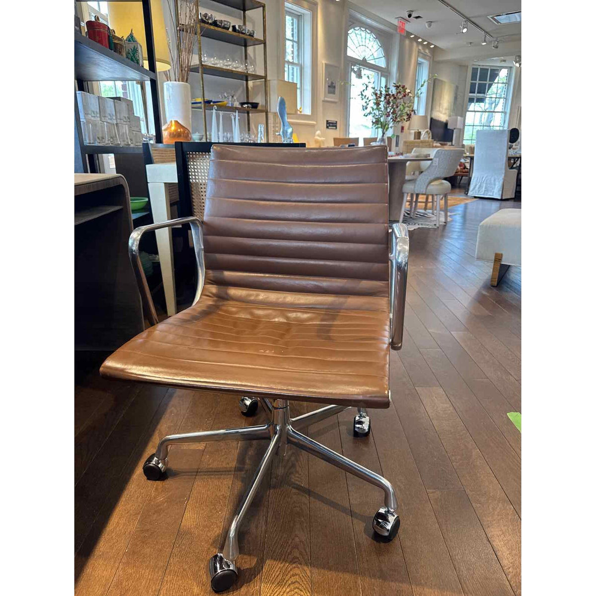 Brown Leather & Aluminum Desk Chair on Casters by Herman Miller for Eames - colletteconsignment.com
